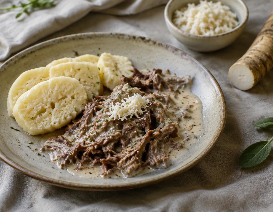 Selská křenová omáčka s trhaným hovězím